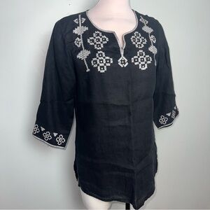 Multiples Black Linen Embroidered Tunic Top Women’s Size Medium